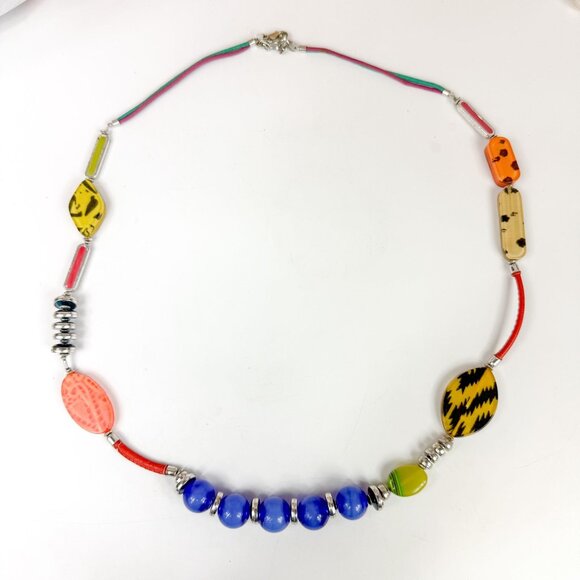 Colorful Designer Art Glass Acrylic Leather Metal Beaded Statement Necklace - Picture 1 of 4